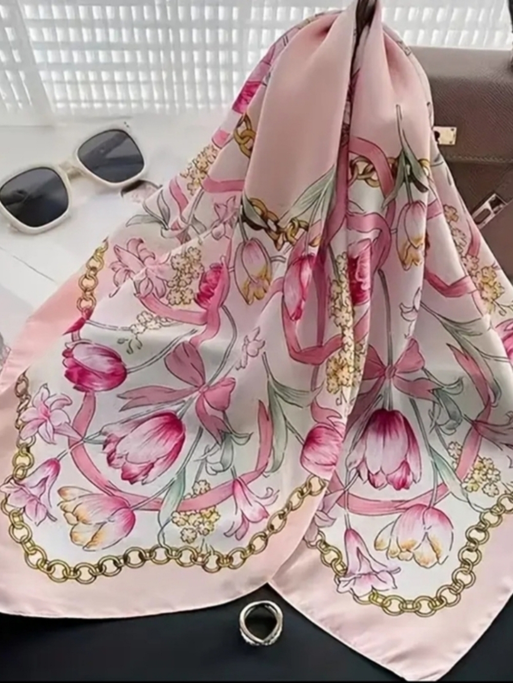 Pink Floral Silk-Feel Scarf with Gold Chain Motif - Picture 4 of 5